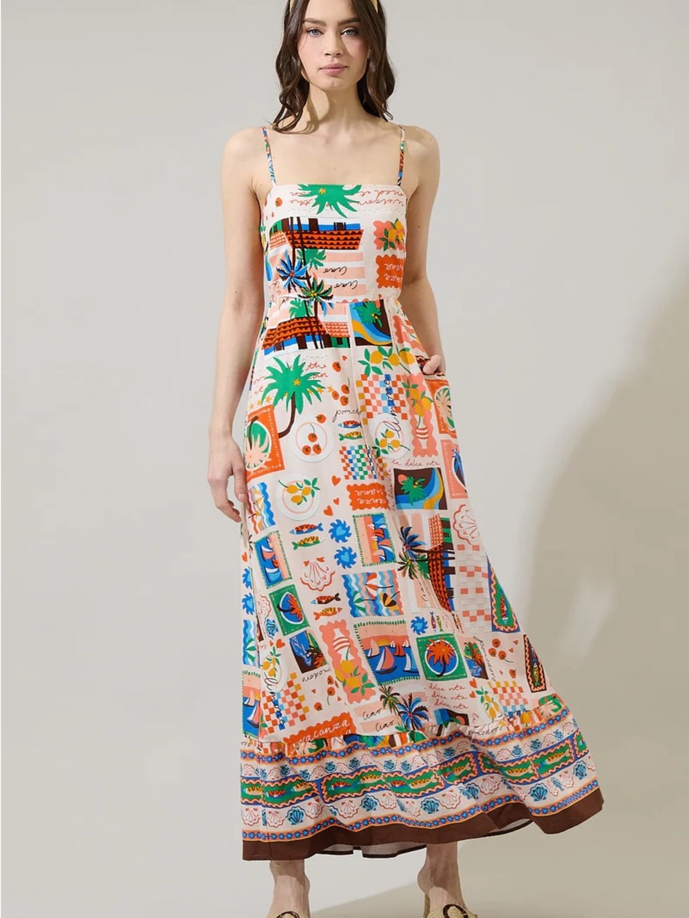 Sugarlips Peach Patchwork Print Spaghetti Strap Maxi Dress